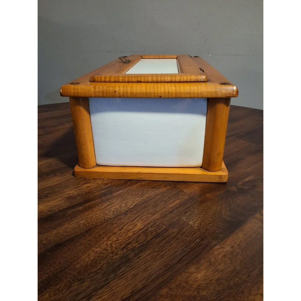 Vintage Germany Tiger Maple Wood and White Ceramic Bread Box Storage Container